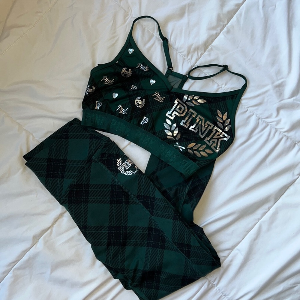 Green plaid Victoria’s Pink bra and leggings set